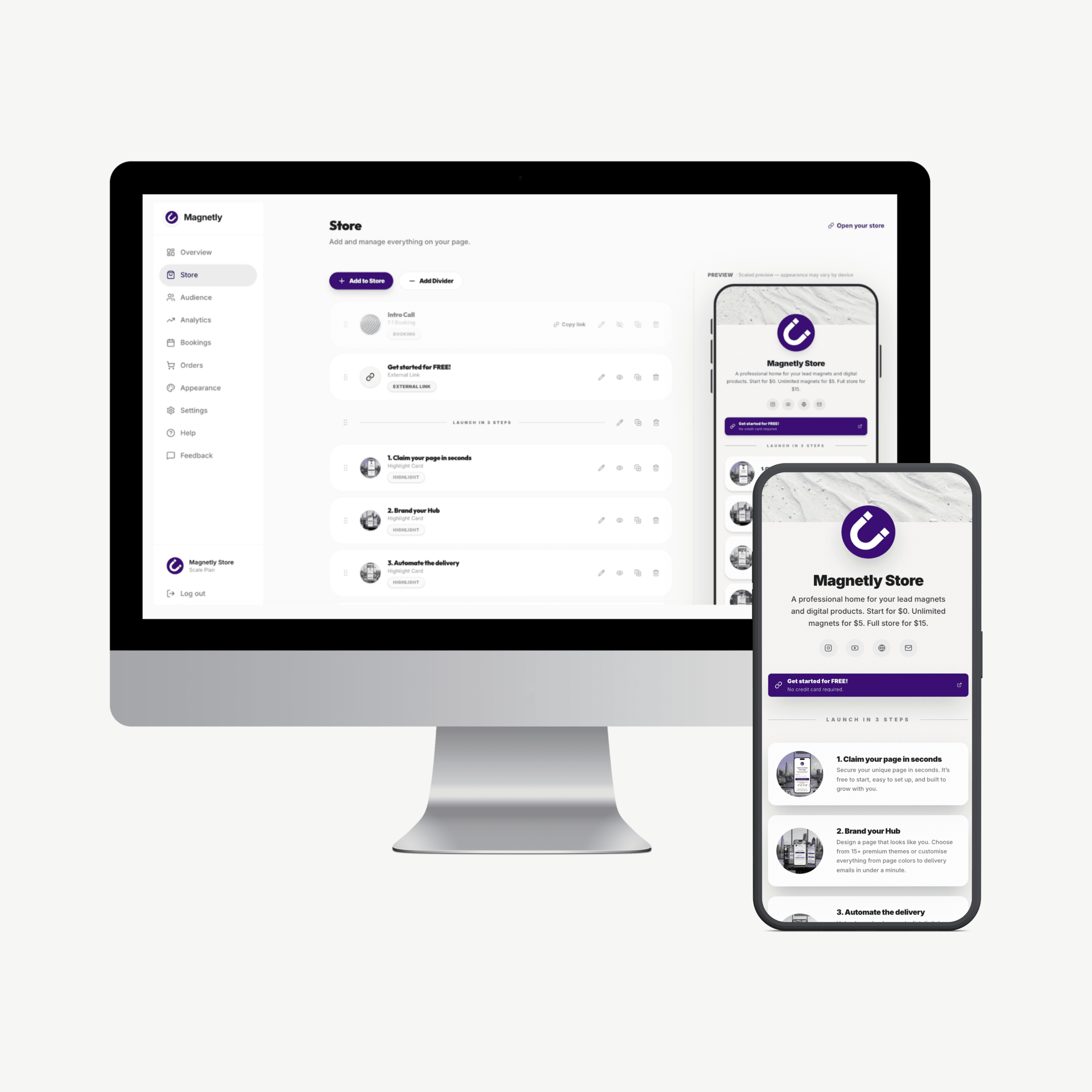 Magnetly dashboard and creator store on desktop and mobile